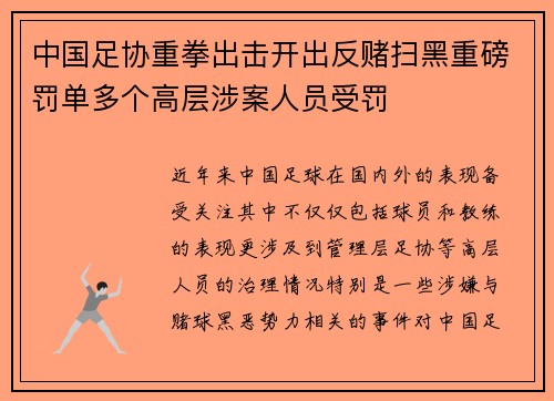 中国足协重拳出击开出反赌扫黑重磅罚单多个高层涉案人员受罚