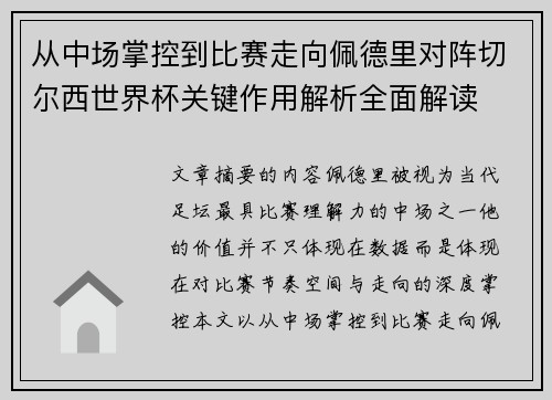 从中场掌控到比赛走向佩德里对阵切尔西世界杯关键作用解析全面解读