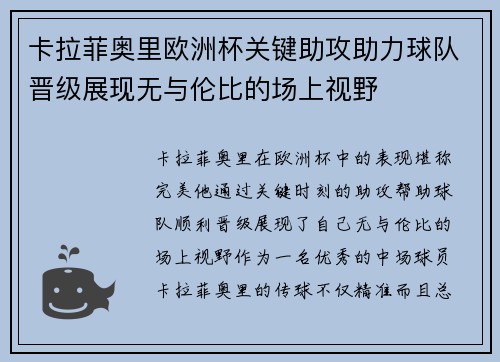 卡拉菲奥里欧洲杯关键助攻助力球队晋级展现无与伦比的场上视野